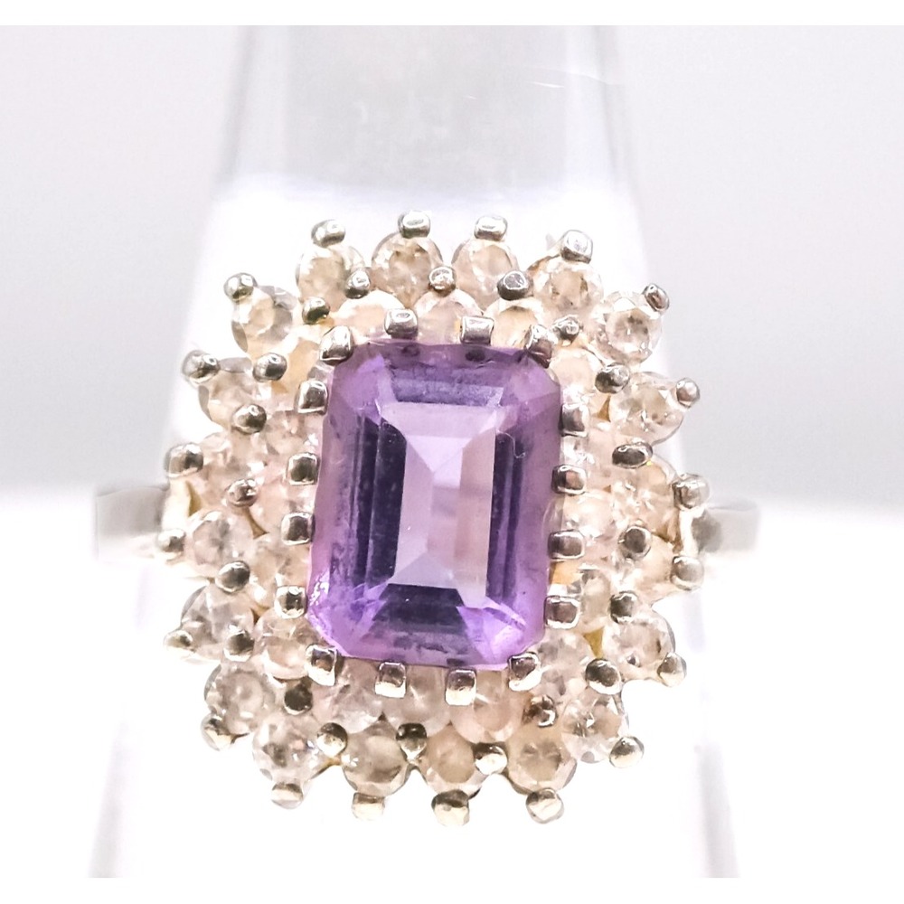 FAS Amethyst Emerald Cut Zircon Halo Sterling Silver 925 Cocktail Ring Sz 6.5